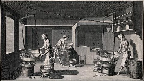 Confectioner's shop: interior view, process of smoothing sugar-plums. Etching Illustrazione stock