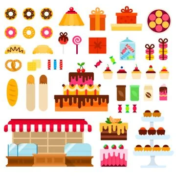 Confectionery shop vector flat illustration. Set with donuts, cake, macaroon Stock Illustration