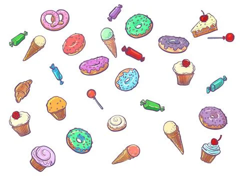 Confectionery sweets candy cupcake donut cake ice cream. birthday background 库存插图