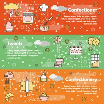 Confectionery vector flat line art banner set Stock Illustration