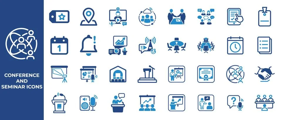 Conference and seminar icons set on white background for business presentat.. Stock Illustration