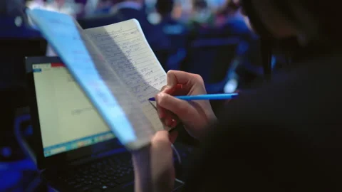 Conference audience student write notepad closeup. Business woman writing speech Stock Footage 139313370