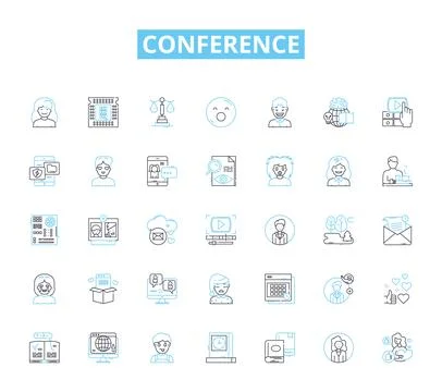 Conference linear icons set. Nerking, Presentations, Workshops, Keynote, Panels Stock Illustration