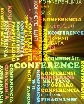 Conference multilanguage wordcloud background concept glowing Stock Illustration