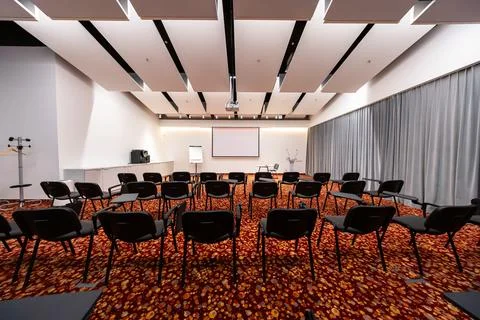 Conference Room Setup for Presentation with Projector and Podium Stock Photos