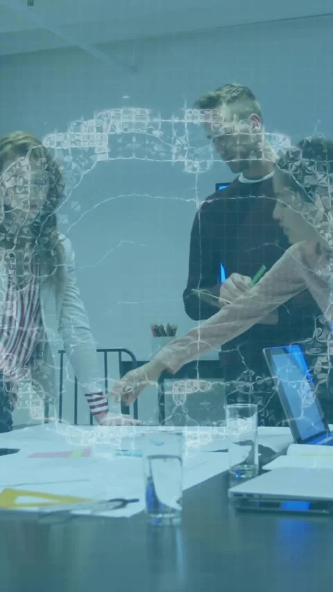 In conference room, team collaborating using animation on digital network Stock Footage 344244807