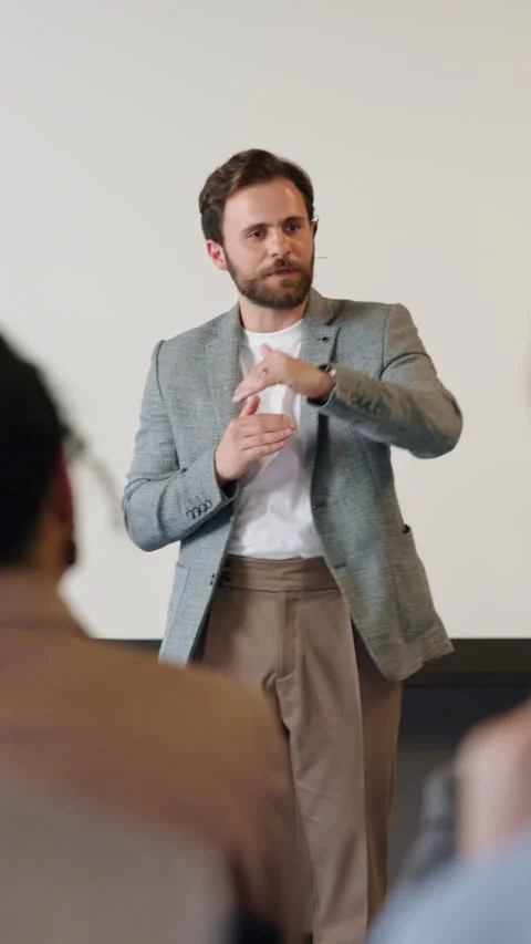 Conference, speech and man with audience for presentation, workshop event or Stock Footage 334045447