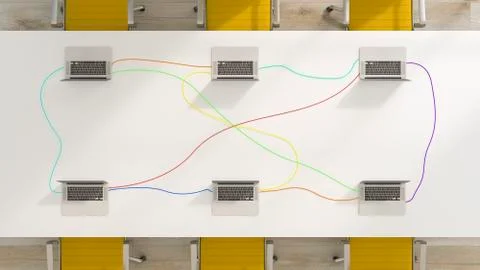 Conference table with connected laptops, 3d rendering Illustrazione stock