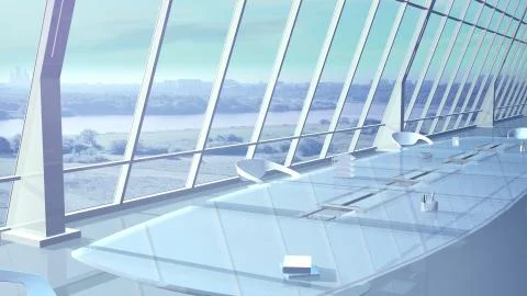 Conference table by the panoramic window overlooking the city skyline 스톡 일러스트