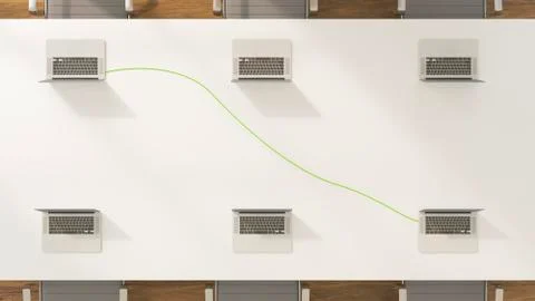 Conference table with two connected laptops, 3d rendering Illustrazione stock