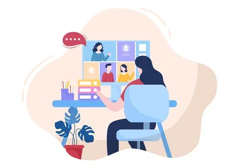 Conference Video Call by Remote Communication with Online Friends using a Sma Illustrazione stock