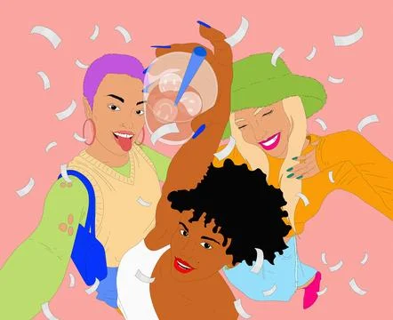 Confetti falling over happy young diverse women friends against pink background Ilustración de archivo