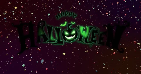 With confetti falling swirling pieces surrounding glowing HAPPY HALLOWEEN logo Stock Footage 319360757