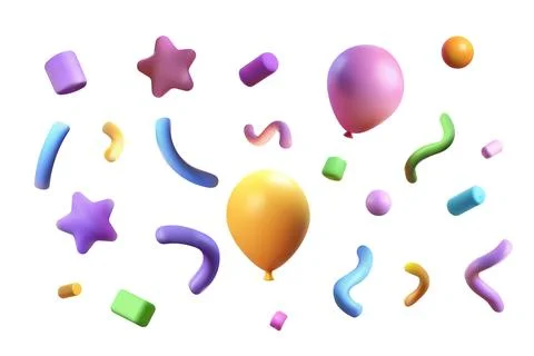 Confetti party clapper 3d vector, shapes. Birthday or carnival fireworks or.. Stock Illustration