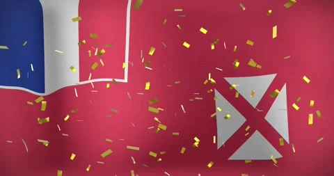 Confetti rising then falling over waving red flag, obscuring then clearing Stock Footage 334315804