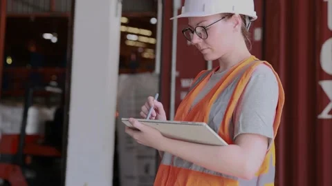 Confidence female warehouse staff using digital tablet working  Stock Footage 163640874