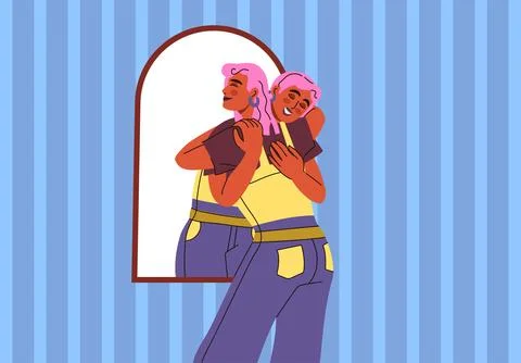 Confidence love. Accepting yourself. Cute woman looking at mirror and hugging Stock Illustration