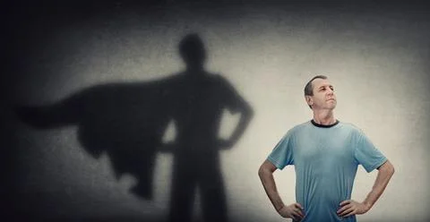 Confident and optimistic middle aged man, hands on hips showing chest, brave  Stock Photos