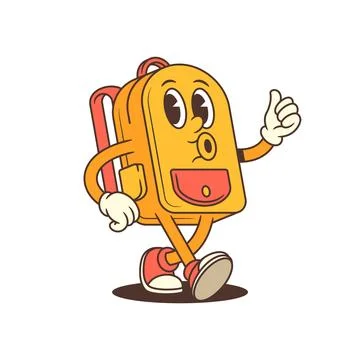 Confident Backpack Mascot Walking with Thumbs Up and Friendly Wink in Playf.. Ilustración de archivo