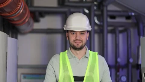 Confident Bearded Engineer in Boiler Room of Industrial Plant Stock-Footage 297352623