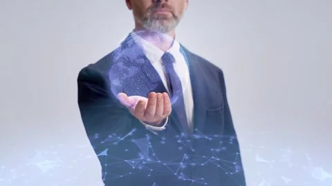 Confident bearded man in elegant suit extending hand while glowing holographic Stock Footage 308641227