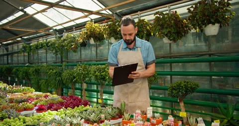 Confident brunette guy in an apron takes inventory in a plant store and Stock Footage 280677695