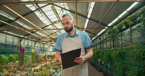 A confident brunette man walks through a greenhouse and plant store inspecting Stock Footage 280678205