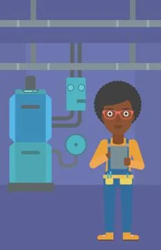 Confident builder with tablet Stock Illustration