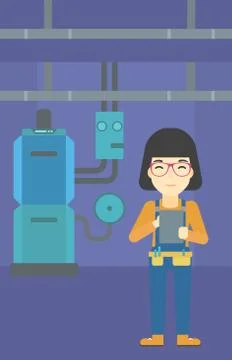 Confident builder with tablet Stock Illustration