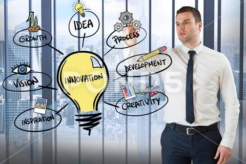 Confident businessman looking at innovation diagram in office Stock Photos