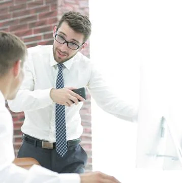Confident businessman solves work problems Stock Photos