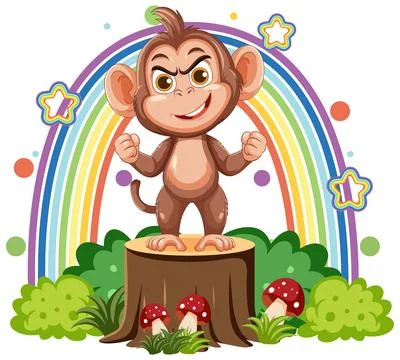Confident Cartoon Monkey Standing on Tree Stump with Rainbow Stock Illustration