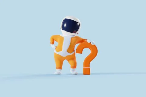Confident cartoon space boy leaning on a question mark. Helpdesk and customer Stock Illustration