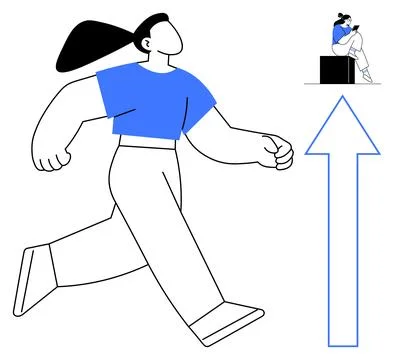 Confident character striding forward alongside smaller contemplative figure s Illustrazione stock