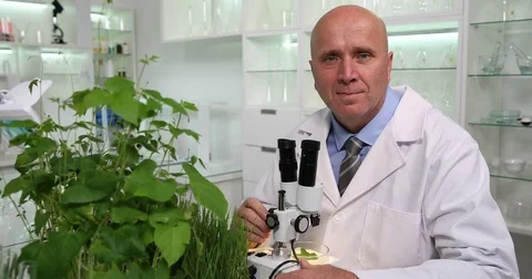 Confident Chemist Image Smiling and Working with Microscope in Laboratory Stock-Footage 83686902