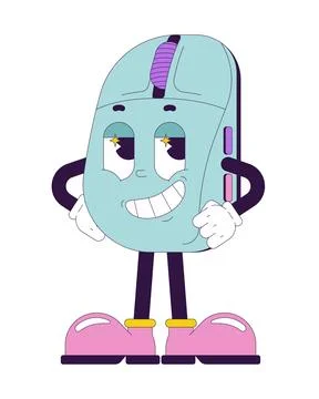 Confident computer mouse with hands on hips groovy retro character Stock Illustration