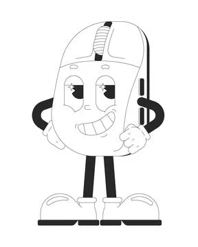 Confident computer mouse with hands on hips outline groovy mascot character Stock Illustration