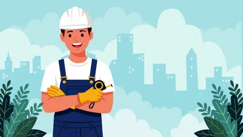 Confident Construction Worker Holding Measuring Tape in City Background Видео 331979224