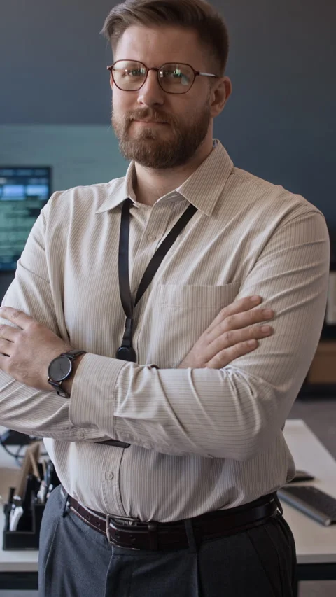 Confident Cybersecurity Manager Posing in Network Office Stock Footage 334936679