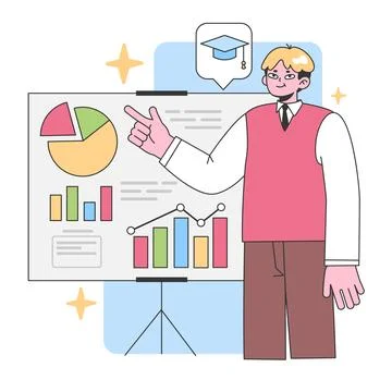 Confident educator explaining data charts on a presentation board. Flat vector Illustrazione stock