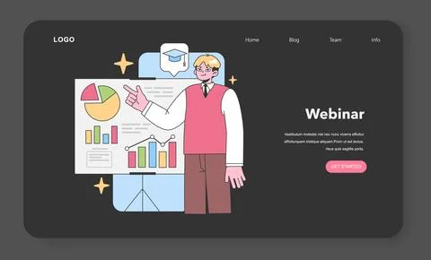 Confident educator explaining data charts on a presentation board. Flat vector Illustrazione stock