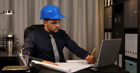 Confident Engineer Man Examining Draft Map and Drawing Designing Layout Sketch Stock Footage