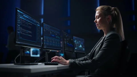 Confident Female Cyber Security Data Scientist Works on PC with Surveillance Stock Footage 135151334