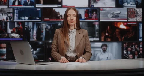 Confident Female Journalist Reports Current Affairs From News Set Stock Footage 332567145