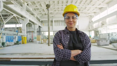 Confident Female Worker Posing on Camera at Factory Stock Footage 248420082