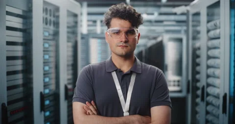Confident IT Specialist Standing in Server Room Stock Footage 344879457