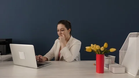 Confident lady communicates typing on modern laptop Stock Footage 112385556