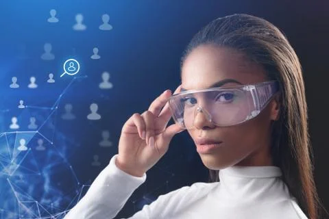 Confident lady using social network connection eyeglasses Stock Photos