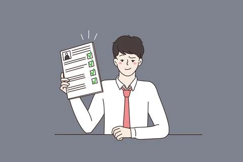 Confident male job applicant show perfect CV Stock Illustration