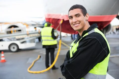 Confident Male Worker Smiling While Airplane Being Charged At Ru Фото